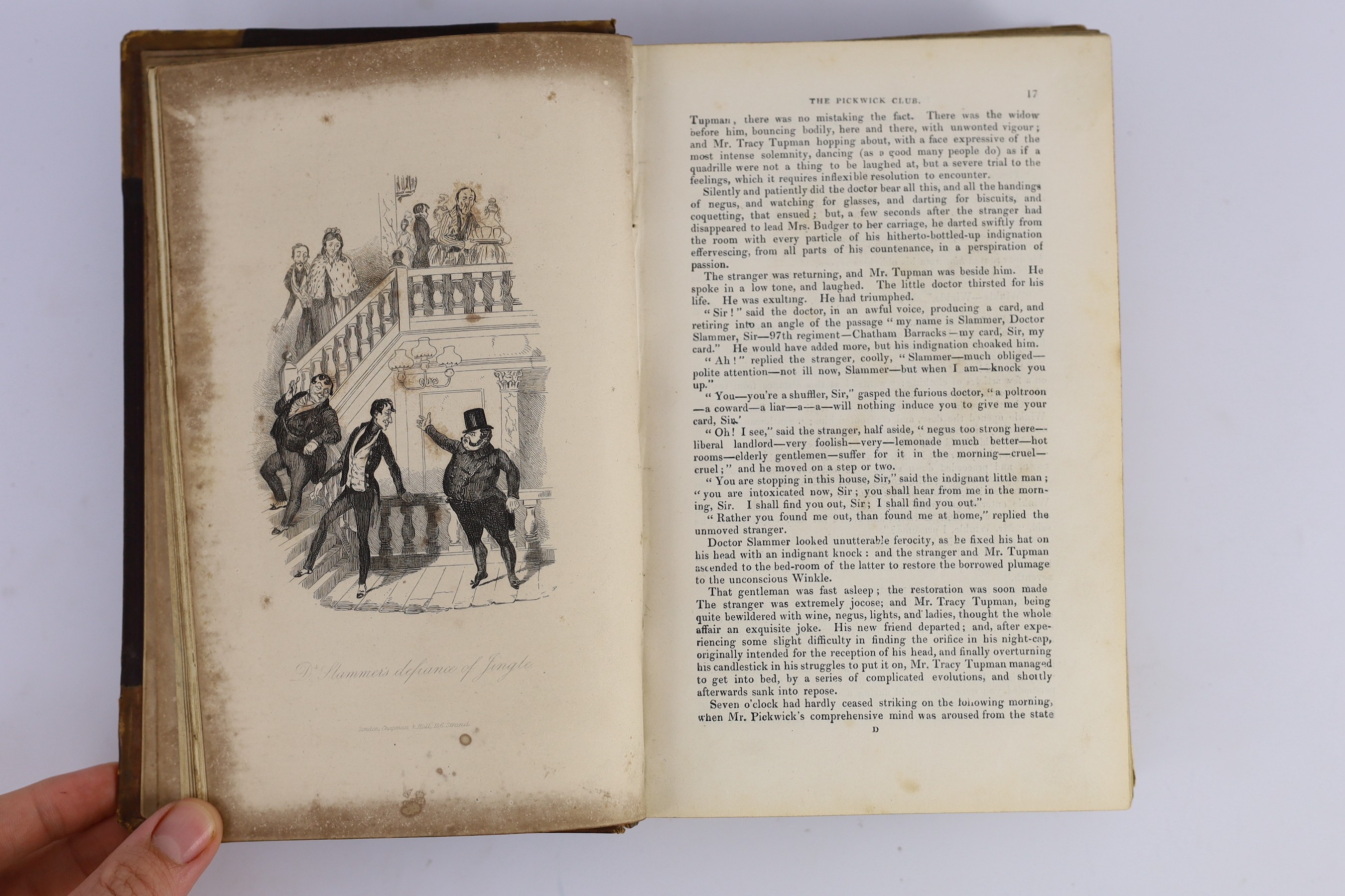 Dickens, Charles - The Posthumous Papers of the Pickwick Club. ‘’Pickwick Papers’’, 1st edition in book form, with mixed 1st state points, 8vo, half calf with cloth boards, illustrated by Seymour and Halbot K. Browne (‘’